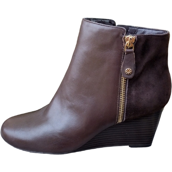 Isaac Mizrahi Leather & Suede Kierra Wedge Ankle Boot, Brown, Size 7.5 W Women's - Picture 1 of 9